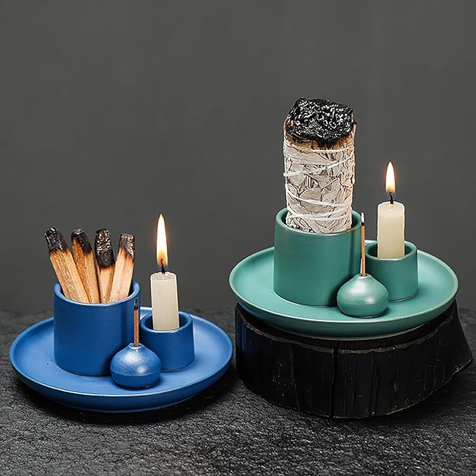 4 in 1 Multifunctional Ceramic Incense and Candle Holder with Ash Catcher Tray Suit for Burning White Sage, Palo Santo Sticks (Royal Blue)