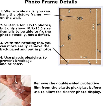 11x16 White Picture Frame Set of 2, Horizontal and Vertical Formats for Wall Hanging, 11 x 16 Wall Gallery Poster Photo Frames with Shatter Resistant Plexiglass, 2 Pack, White