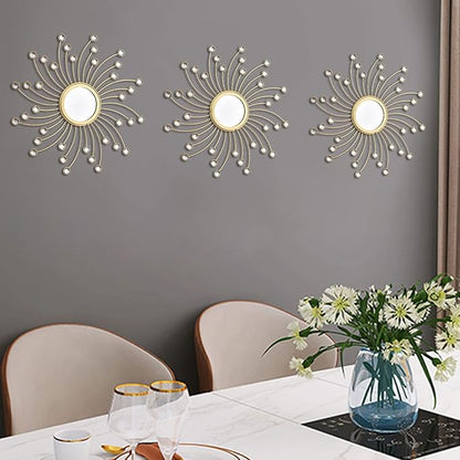 Uaussi 3 Pack Crystal Sunburst Wall Mirror Décor Rhinestone Mirrors Decorative Home Wall Art for Living Room Bedroom Entryway(Curle Burst Gold)