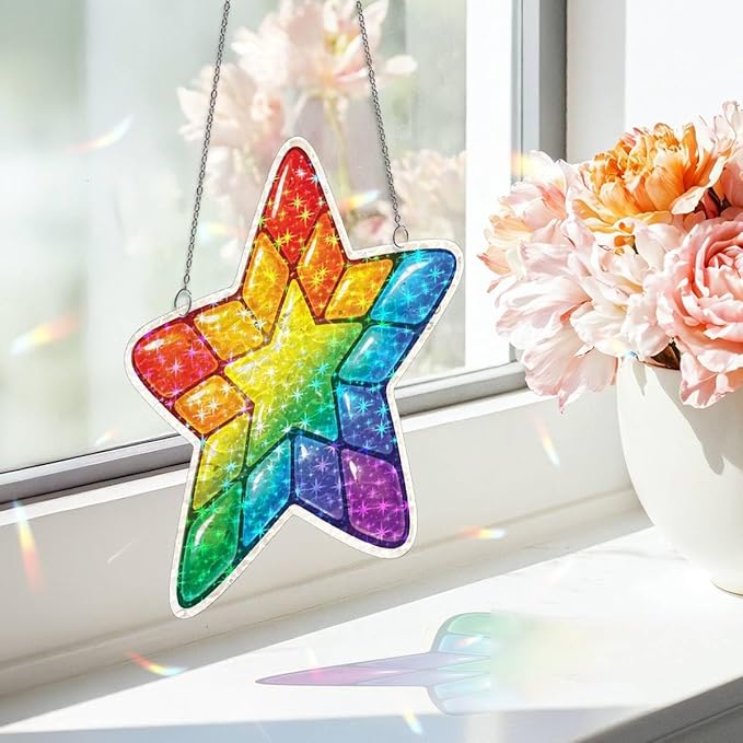 Vibrant Star Mosaic Acrylic Suncatcher, Window Hanging Sun Catcher Ornament, Crystal Prism Light Catcher Decor, Sunlight Window Decor, Aesthetic Home Decor Gift