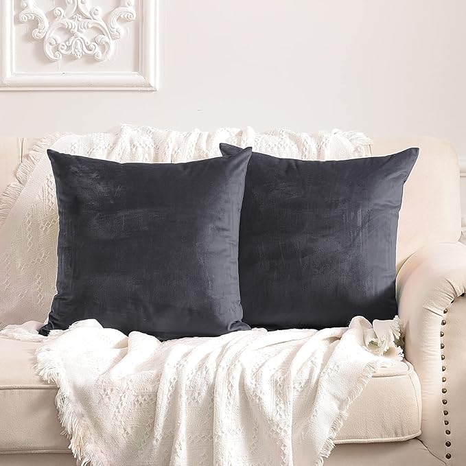 FY FIBER HOUSE Pack of 2 Velvet Throw Pillow Covers Decorative Pillowcase Soft Solid Cushion Cover, 16 x 16 Inch, Grey