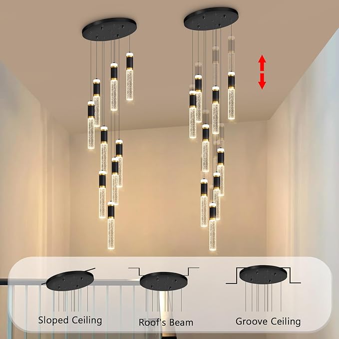 9-Lights Modern Crystal Spiral Chandelier for Staircase High Ceiling Chandeliers Bubble Pendant Lighting Hanging Light Fixture Flush Mount for Foyer Entryway