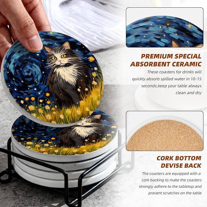 Coasters Set of 6 Ceramic Drink Coaster with Cork Base Modern Style Coasters for Mugs and Cups Office Kitchen 4 in