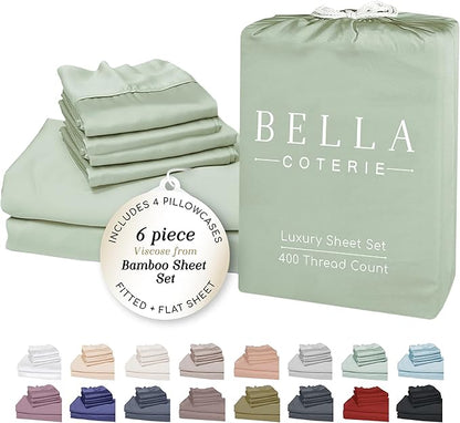 Bella Coterie 6 Piece Luxury Bamboo Viscose King Size Sheet Set | 100% Organically Grown | Cooling for Hot Sleepers | 18" Deep Pocket | Soft & Hypoallergenic | 4 Pillowcases [Sea Glass]