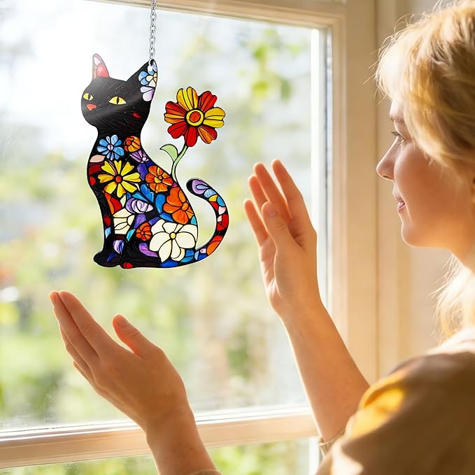 Cat Stained Glass Suncatcher Window, Hanging Sun Catchers Indoor Window, Cat Lover Suncatcher for Mom/Women