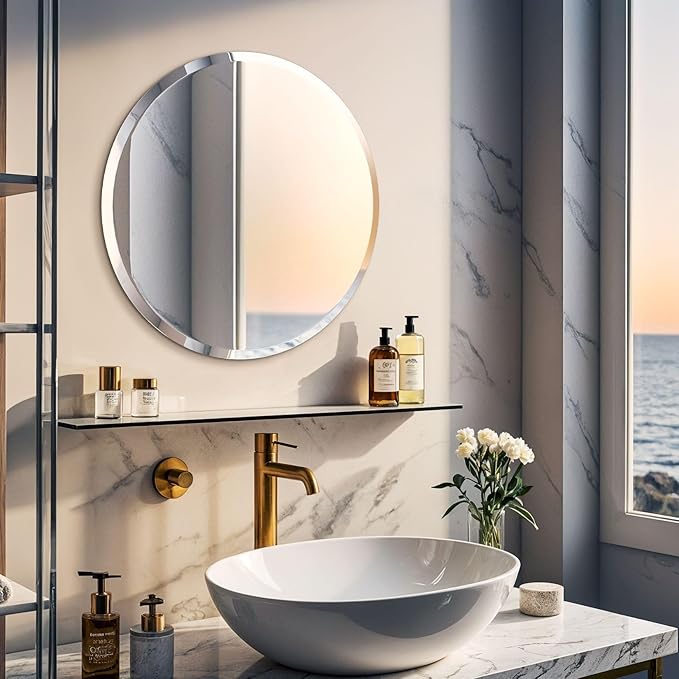 Frameless Round Wall Mirror: Decorative Mirrored Glass Vanity with Beveled Silver Edge for Bathroom Bedroom Livingroom Dining Room Entryway Hallway, 20 x 20 inch