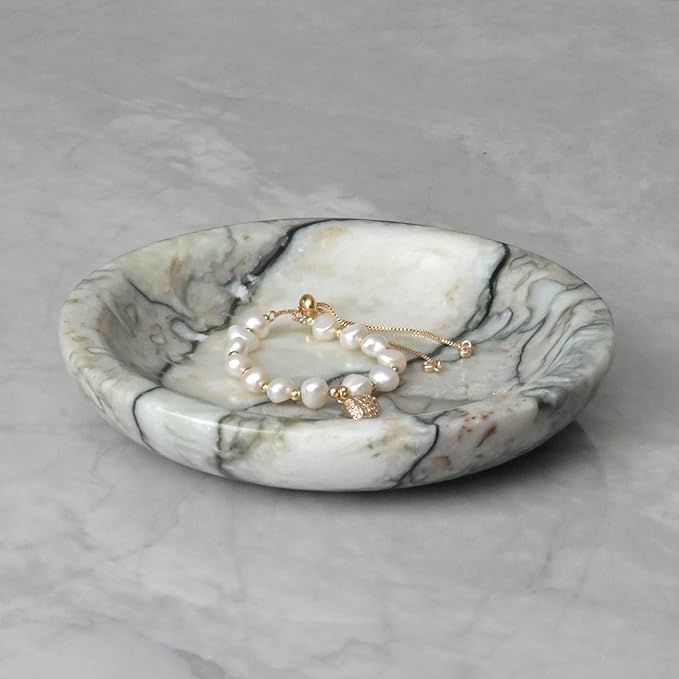 ZSHAWN Natural Cold Emerald Marble Ring Dish Jewelry Tray – 5.5" Trinket Dish for Rings Earrings Necklace, Scratch-Resistant Vanity Organizer, Elegant Gift for Women