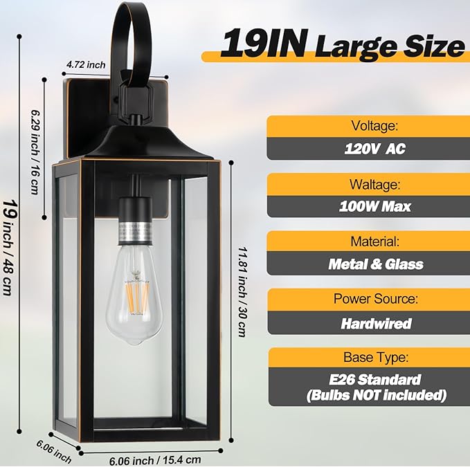 Dusk to Dawn Outdoor Wall Light, 19" Large Outdoor Light Fixture 2 Pack, Black Exterior Light Fixtures Wall Sconces Porch Lights, Waterproof Outdoor Lighting for House, Garage -with Gold Trim