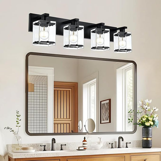 4-Light Bathroom Vanity Light Fixture, Modern Black Wall Lighting Over Mirror with Rectangular Clear Glass, E26 Bulb Base