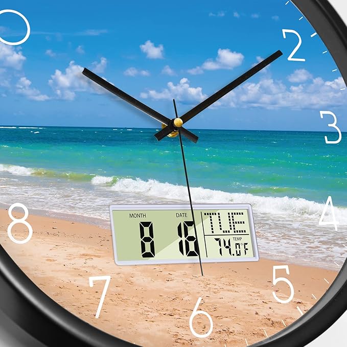 Modern Wall Clocks with Calendar and Date Ocean Wave Sea Beach Digital Clock Large Display Non-ticking Kitchen Silent Clock With Day and Temperature for Elderly Farmhouse Living Room Bathroom 12 Inch