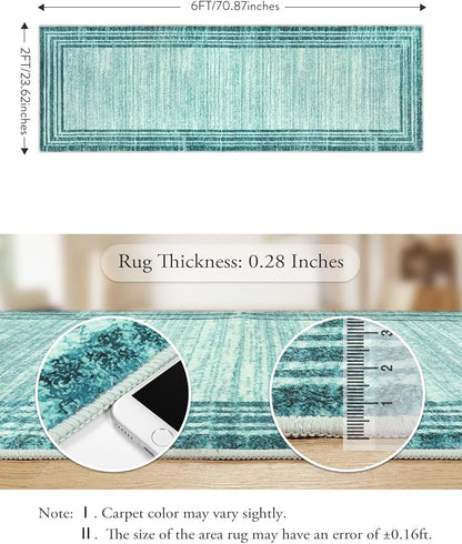 Lahome Modern Abstract Runner Rug, Washable Teal 2x6 Entryway Rug Runners Non Slip Hallway Runner, Low-Pile Soft Bathroom Runner Rug 6ft Kitchen Carpet Runner for Laundry Bedroom