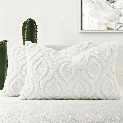 decorUhome Spring Throw Pillow Covers 12x20 Inch Set of 2, Soft Plush Faux Wool Cream Beige Solid Couch Pillow Covers, Accent Farmhouse Neutral Square Pillow Cases for Sofa Bed Living Room