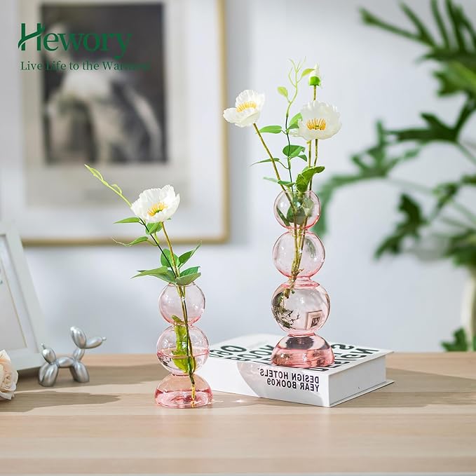 Glass Bubble Vases for Flowers, Hewory 2pcs Pink Unique Cute Single Flower Vase for Centerpieces, Funky Aesthetic Vase Skinny Bud Vase, Cool Groovy Decor for Home Living Room Bedroom Office Tabletop