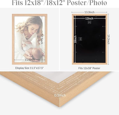 12x18 Picture Frame Rustic, Natural 18x12 Poster Frame Beige, 12 by 18inch Frame, Large Gallery Family Concert Portrait Photo Wall Frame