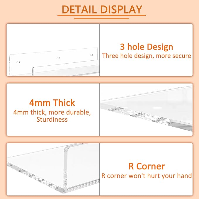 12'' Clear Acrylic Wall Shelf 2 Pack, Tranparent Perspex Floating Shelves, Acrylic Shelf for Bedroom, Living Room, Dining Room, Kitchen, Bathroom, Dining Room
