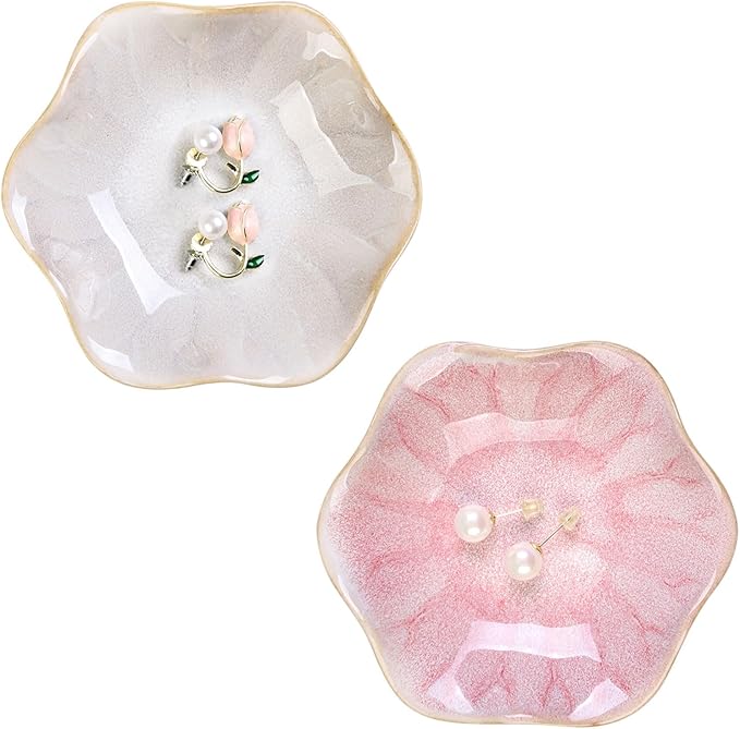 WHJY 2 Pack Ceramic Jewelry Dish 4.3 Inch Ring Holder for Women Decorative Lotus Flower Trinket Tray for Room Decor Pink and White Vanity Storage for Ring Earring Necklace