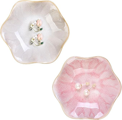 WHJY 2 Pack Ceramic Jewelry Dish 4.3 Inch Ring Holder for Women Decorative Lotus Flower Trinket Tray for Room Decor Pink and White Vanity Storage for Ring Earring Necklace