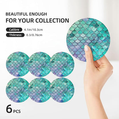 6 Pcs Ceramic Coasters with Holder Absorbent Drink Round Mermaid Fish Scales Design for Home Table Coffee Cup Wine Beer Bar,Size 4.4 inches