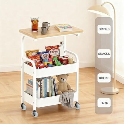 Rolling Cart with Wooden Tabletop 3-Tier Metal Utility Rolling Cart Storage Organizer with Lockable Wheels for Kitchen, Office, Bedroom