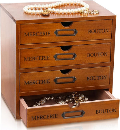 Wesiti 4 Drawer Apothecary Cabinet - Vintage Wooden Desk Organizer - Library Card Catalog Wood Storage Box - Office Desktop Dresser for Stationery, Thread Embroidery, Sewing, Crafts, Junk & Supplies