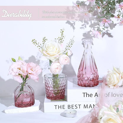 Pink Day Glass Bud Vase Set of 5, Small Flower Vases for Centerpieces in Bulk, Mini Vintage Vase for Wedding Decor, Single Flowers, and Home Table Décor