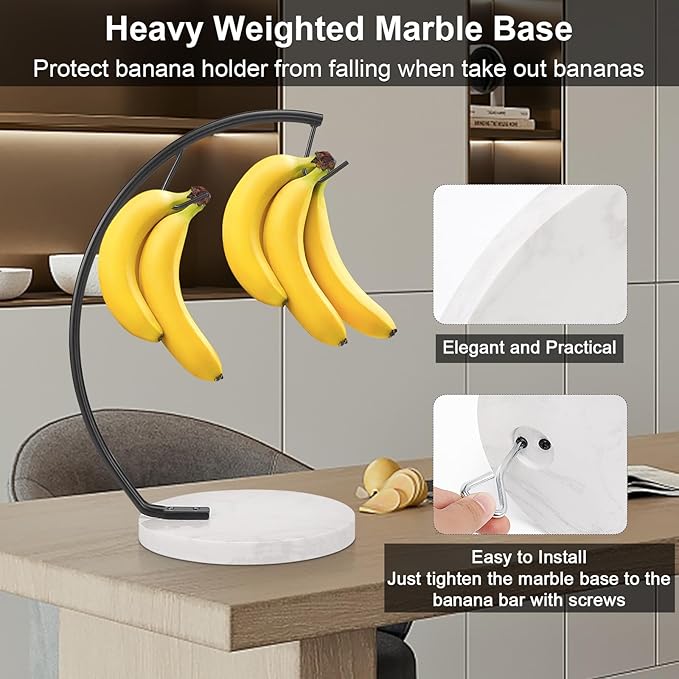 Livabber Banana Holder with Marble Base, Metal Banana Hanger Modern Tree Stand with Hook, Stylish Banana Keeper Fresh Fruit Storage Organizer Freestanding for Kitchen Countertop (Black, Double Hook)
