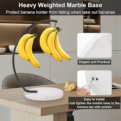 Livabber Banana Holder with Marble Base, Metal Banana Hanger Modern Tree Stand with Hook, Stylish Banana Keeper Fresh Fruit Storage Organizer Freestanding for Kitchen Countertop (Black, Double Hook)