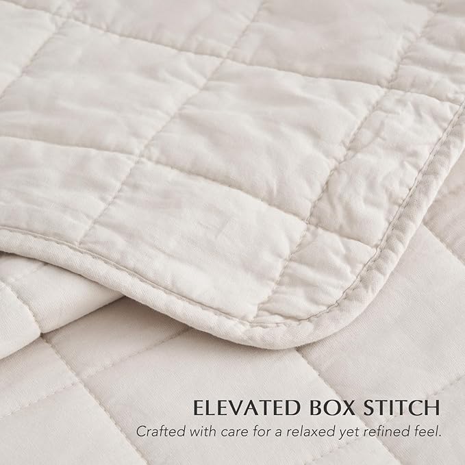 EVERGRACEHOME 100% Cotton Box Stitch Quilt Bedding Set King Size 3 Pieces, Garment-Washed Lightweight Soft Cozy Coverlet, Oversized Quilted Bedspread Sets with 2 Shams for All Season, Birch