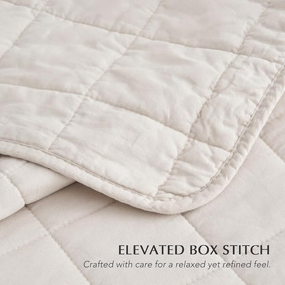EVERGRACEHOME 100% Cotton Box Stitch Quilt Bedding Set King Size 3 Pieces, Garment-Washed Lightweight Soft Cozy Coverlet, Oversized Quilted Bedspread Sets with 2 Shams for All Season, Birch