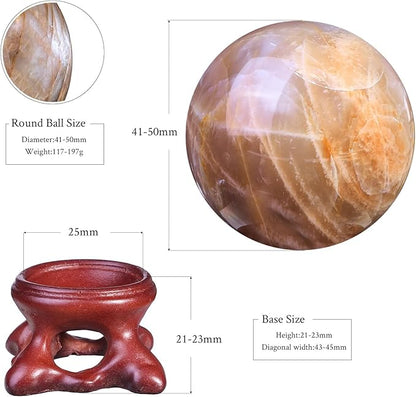 moonsix Natural Orange Moonstone Crystal Sphere with Resin Stand Healing Energy Stone Decorative Ball Sculpture for Home Office Tabletop, 41-50 mm