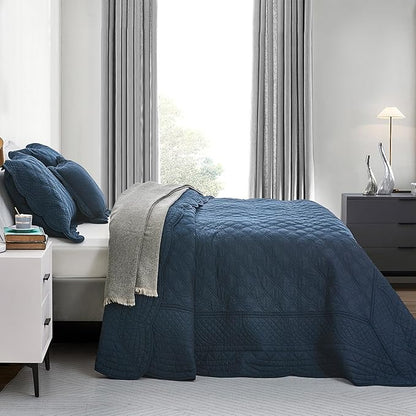 CHIXIN Cotton Bedspread Full Size - Real Stitching - Luxury Quilted Bedding Cover for All Season, Reversible, Ultra Soft, Lightweight, 3 Piece, Navy