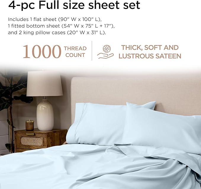 Threadmill Luxury Full Size Sheets for Full Size Mattress, 1000 Thread Count Supima Cotton Sheets for Full Mattress, 5-Star Hotel Quality 4 Piece Bed Sheets with Extra Deep Pocket, Light Blue