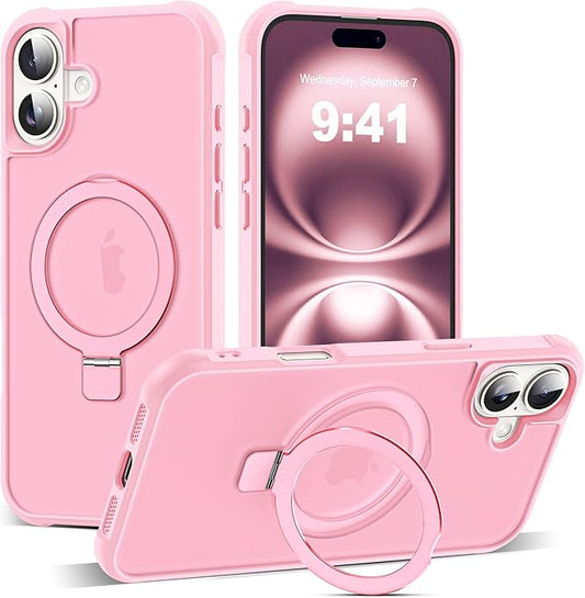 Compatible with iPhone 16 Plus Case with Invisible Magnetic O-Ring Stand Military-Grade Translucent Case for iPhone 16 Plus 6.7" [Compatible with Mag-Safe][Great Grip Feeling], Pink