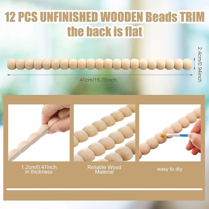 Nuanchu 12 Pcs Decorative Beaded Wood Trim Molding Half Wooden Beads Bobbin Trims 15.75 Inch Unfinished 3D Pearl Paintable Wood Molding for DIY Crafts Home Wall Cabinet Shelf Window Door (24 mm)