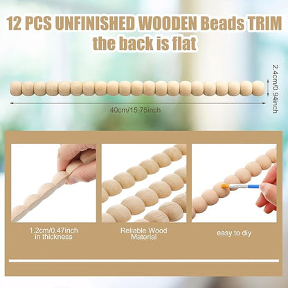 Nuanchu 12 Pcs Decorative Beaded Wood Trim Molding Half Wooden Beads Bobbin Trims 15.75 Inch Unfinished 3D Pearl Paintable Wood Molding for DIY Crafts Home Wall Cabinet Shelf Window Door (24 mm)