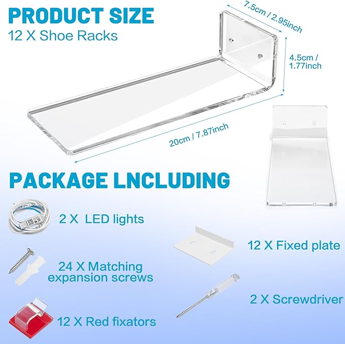 DILIBRA 12 Packs Floating Shoe Display Shelf with Lights, Glow Color Changing Sneaker Display Shelves for Wall, Levitating Shoe Rack Organizer Holder for for Showcase Sneaker Collection or Shoes Box