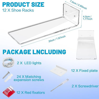 DILIBRA 12 Packs Floating Shoe Display Shelf with Lights, Glow Color Changing Sneaker Display Shelves for Wall, Levitating Shoe Rack Organizer Holder for for Showcase Sneaker Collection or Shoes Box