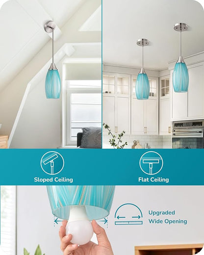 EDISHINE Pendant Lights Kitchen Island, Blue Handcrafted Art Glass Hanging Light, Blown Glass Pendant Light Fixtures Teal with Gold, Adjustable Brushed Nickel Rods, Hardwired Over Island Bar E26
