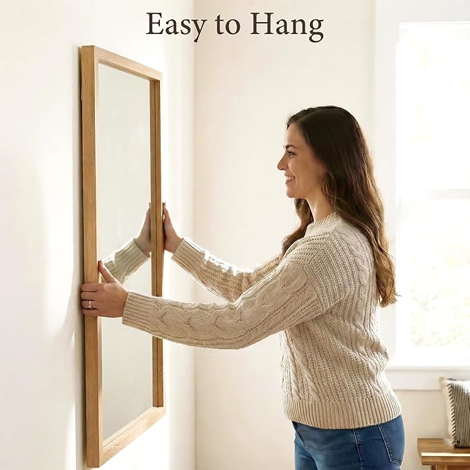 24" x 36" Natural Wood Tone Wall Mirror for Entryway & Bath, Waterproof Boho Decor Mirror, Scandi Oak Texture Vanity Mirror for Over Sink, Standard Trim