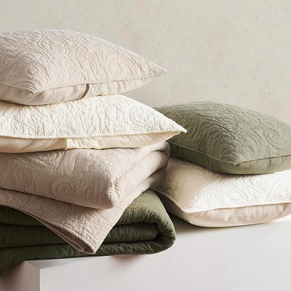 EVERGRACE 100% Cotton Paisley Quilt Set, King Size 3 Piece Set – Prewashed Lightweight Bedspread with 2 Shams, Soft & Breathable Matelasse Coverlet for All-Season Comfort, Olive Green