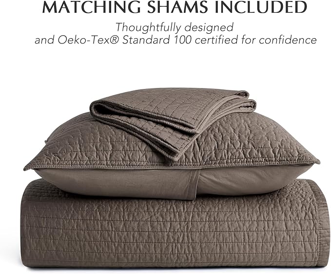 EVERGRACEHOME Cotton Sateen Quilt Set Queen Size, Pre-Washed Cotton Channel Stitch Coverlet Bedspread, 3 Pieces Lightweight Soft Bedding Sets for All Season, with 2 Pillow Shams, Mocha Brown