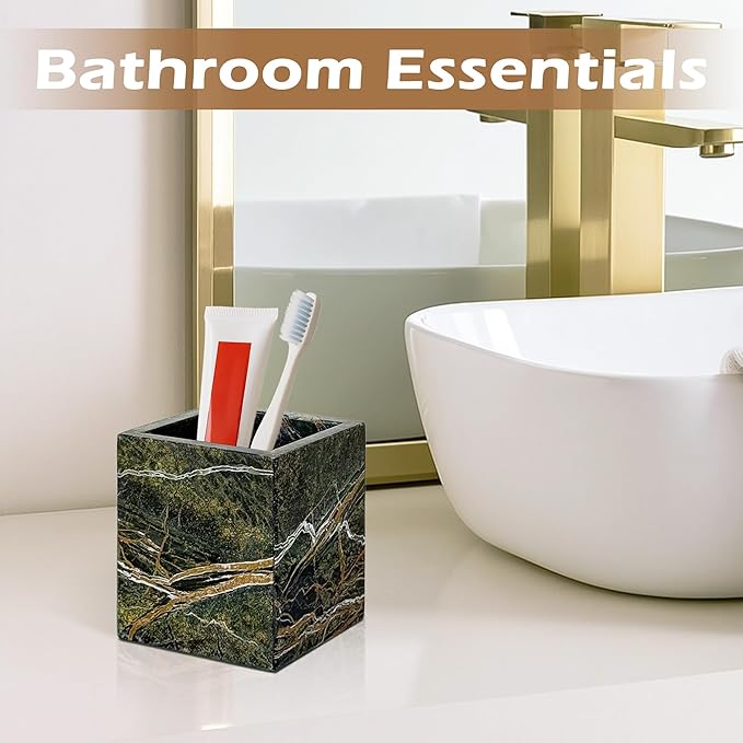 PROLEE Marble Pen Holder, Forest-Inspired Natural Stone Makeup Brush & Toothbrush Holder, Square Marble Container for Candles, Remote Controls, and Bathroom Vanity Organizer (Rainforest Green)