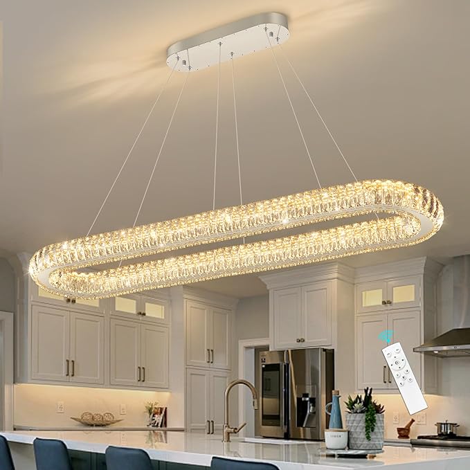 LED Oval Ring Chandelier Crystal Pendant Lighting for Dining Table Kitchen Island Remote Dimmable Hanging Light Chandeliers for Entryway Living Room Lights Silver