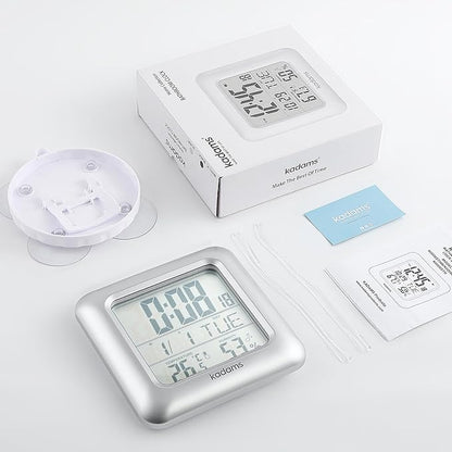 KADAMS Bathroom Clock 9.5" Kitchen Wall Clock with Large LCD Screen – Shower Clock with Suction Cup,Temperature, Humidity, Calendar – Water-Resistant, 4 Mounting Options, Silver