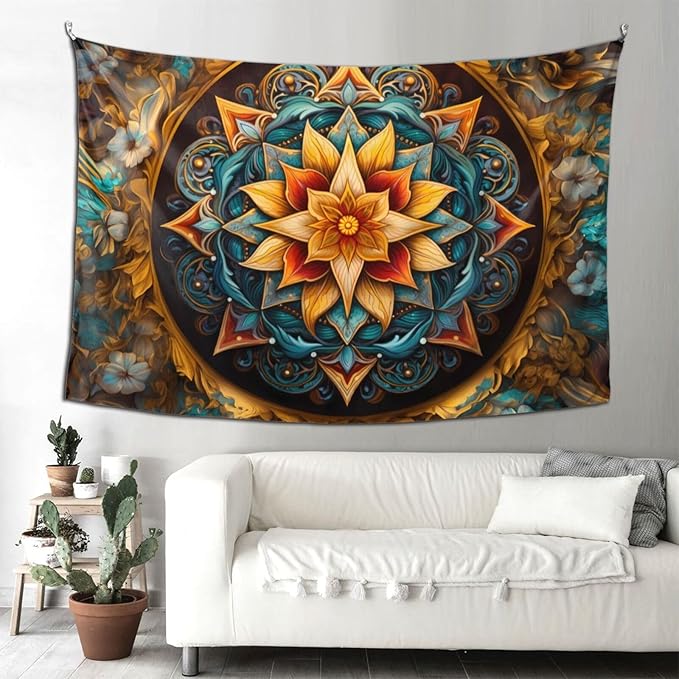 Smacget Mandala Floral Boho Multicolor Flower Psychedelic Wall Hanging for Bedroom Blue Orange Tarot Aesthetic Witchy Home Dorm Decor Hippie Tapestry 60"X40"