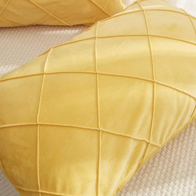 JAUXIO Diamond Pinch Pleated Crystal Velvet Pillowcases 2 Pack Solid Pintuck Throw Cushion Cover for Home Decor Hidden Zipper Closure (Yellow, King)