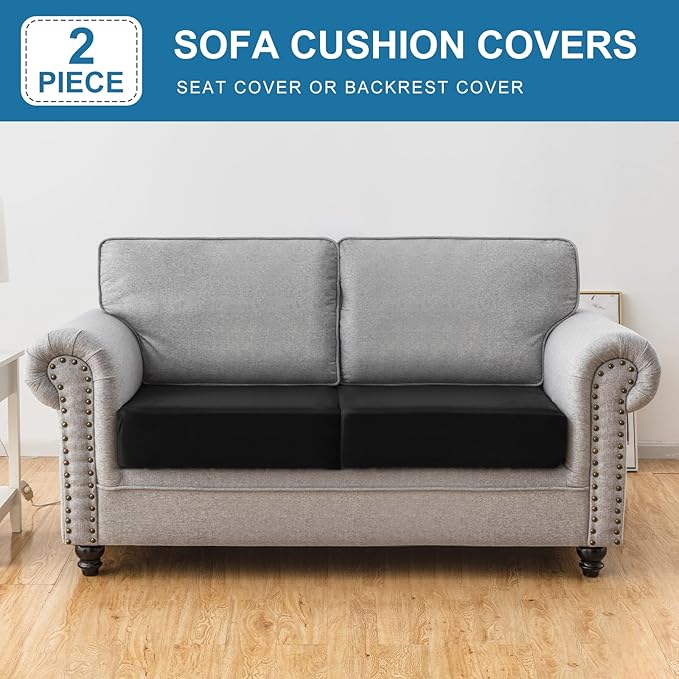 Couch Cover Stretch Velvet Sofa Cushion Cover 2-Piece - Elastic Washable Slipcover for Seat or Backrest, Couch Seat Covers for Sofas (Black)