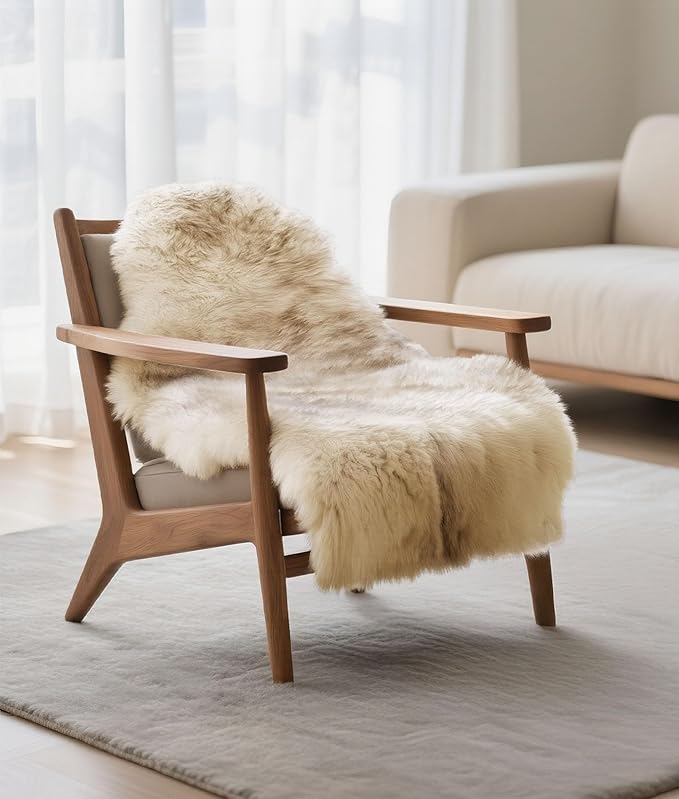 DPB Genuine Sheepskin Throw Rug, New Zealand 100% Natural Luxury Fluffy Lambskin Fur Area Rug for Sofa Chair Seat Cove Living Room Bedroom (Wolf Brown Tips, 2x3Ft)