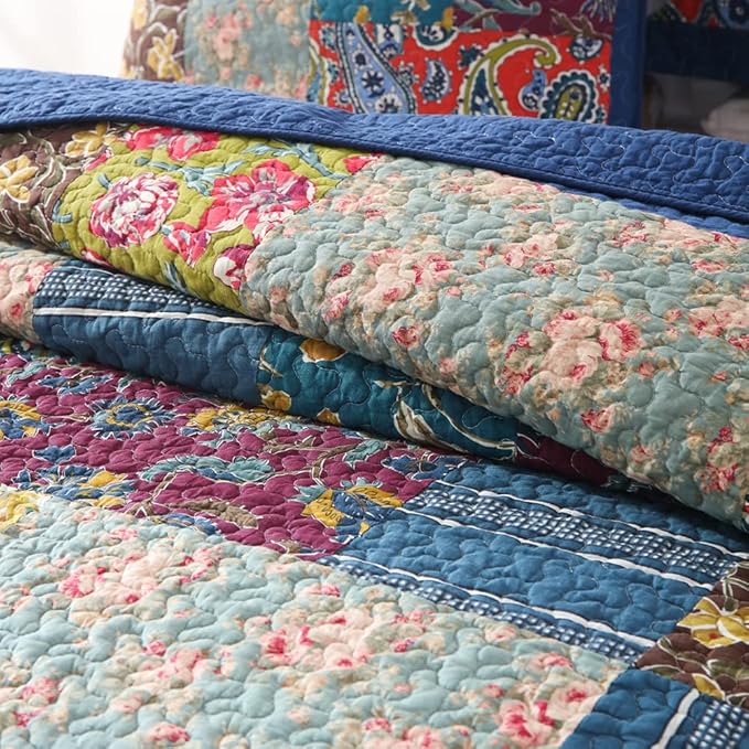 Cotton Bedspread Quilt Sets Reversible Bedding Coverlet Sets 3 Pieces Patchwork Blue Vintage Floral Paisley Bedspread, King Size