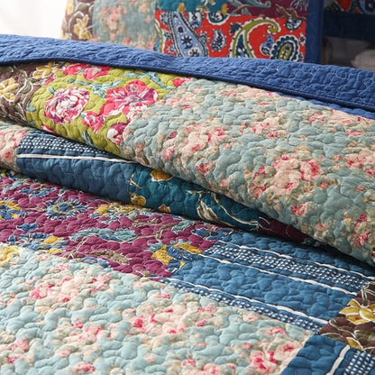 Cotton Bedspread Quilt Sets Reversible Bedding Coverlet Sets 3 Pieces Patchwork Blue Vintage Floral Paisley Bedspread, King Size